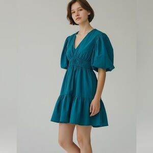 Japna Teal Puff Sleeve V-Neck Tiered Cotton Dress
